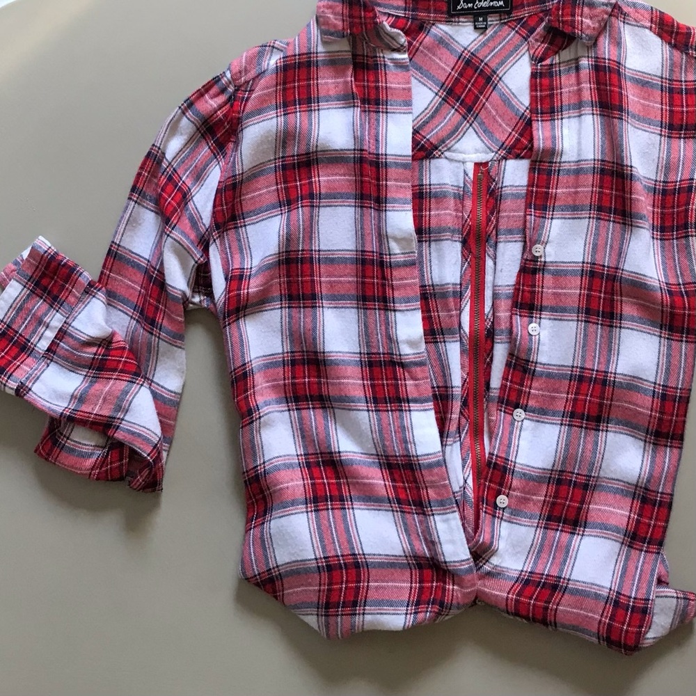 Sam Edelman Edgy Fishtail Zip Back Long sleeve Button Down Grunge Plaid Flannel